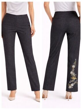 Credibility Metallic Silver Gray Gold Floral Embroidery Pants 2 Small